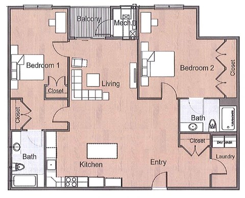 Floor plan for 2 beds, 2 baths, 1554 sqft